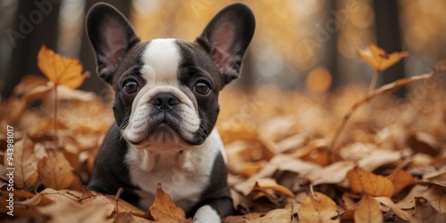 Autumn bliss with a cute french bulldog puppy among fallen leaves.