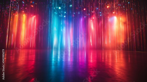 A vibrant stage illuminated by vertical strips of neon lights in a spectrum of colors, creating a dynamic and immersive visual experience.