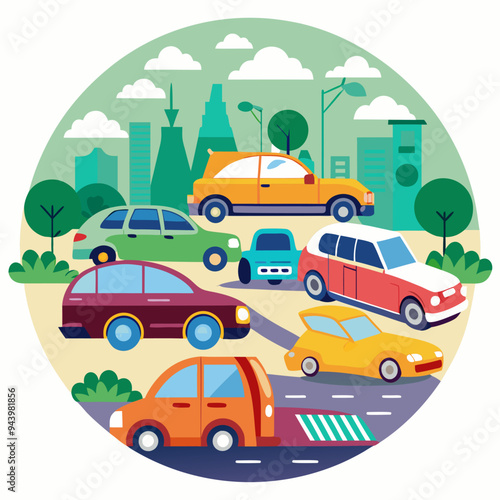 Colorful Cars Driving on a Road in a Cityscape