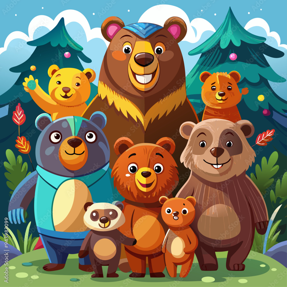 Fototapeta premium A Family of Cartoon Bears in a Forest Setting