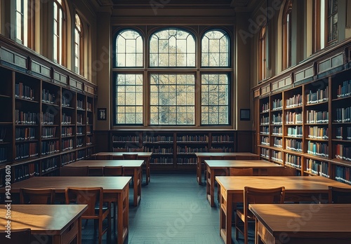 Wallpaper Mural Library Interior with Bookshelves and Sunlight Torontodigital.ca