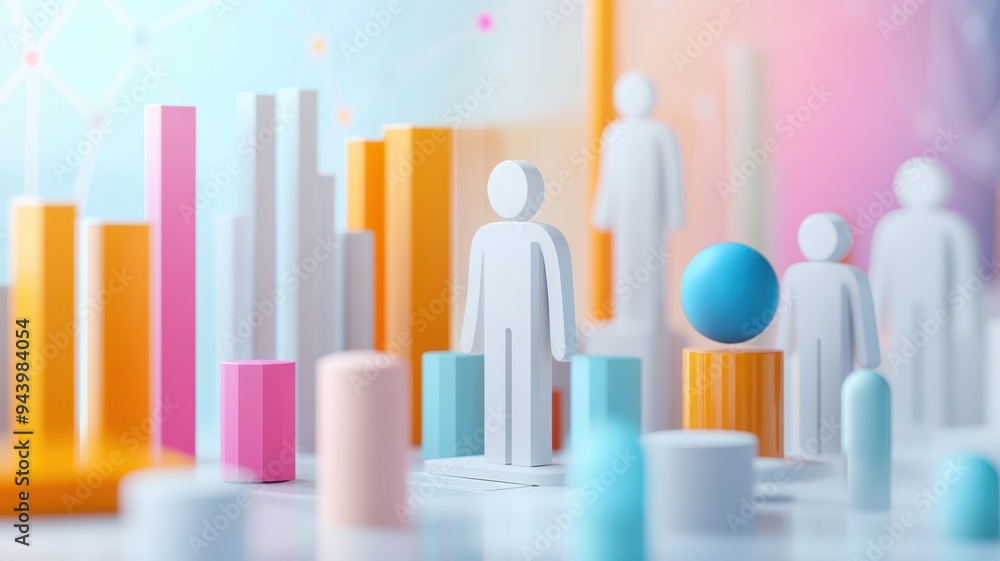 A vibrant 3D representation of data analysis featuring figures and geometric shapes, highlighting business and statistics concepts. A vibrant 3D representation of data analysis featuring figures and geometric shapes, highlighting business and statistics concepts.