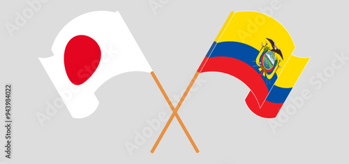 Crossed and waving flags of Japan and Republic of Ecuador