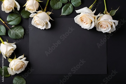 Blank condolence card, sympathy card, memorial card, greeting card with fresh Roses on the dark and neutral background floral concept. Empty place for a text.