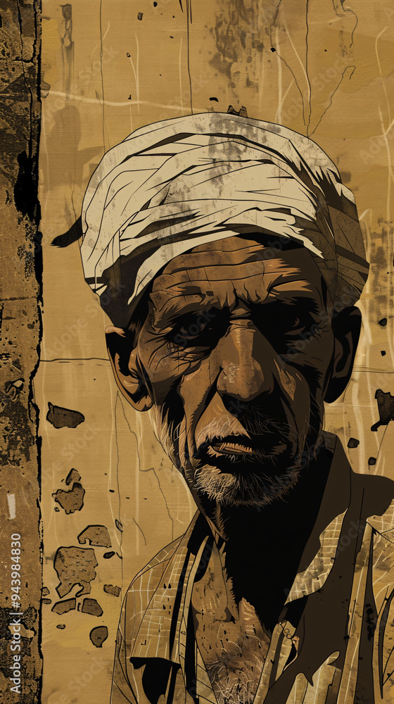 Fototapeta premium a portrait of local arabic egyptian old man with traditional clothes and look, vintage retro 2d sepia black and white painting illustration middle eastern