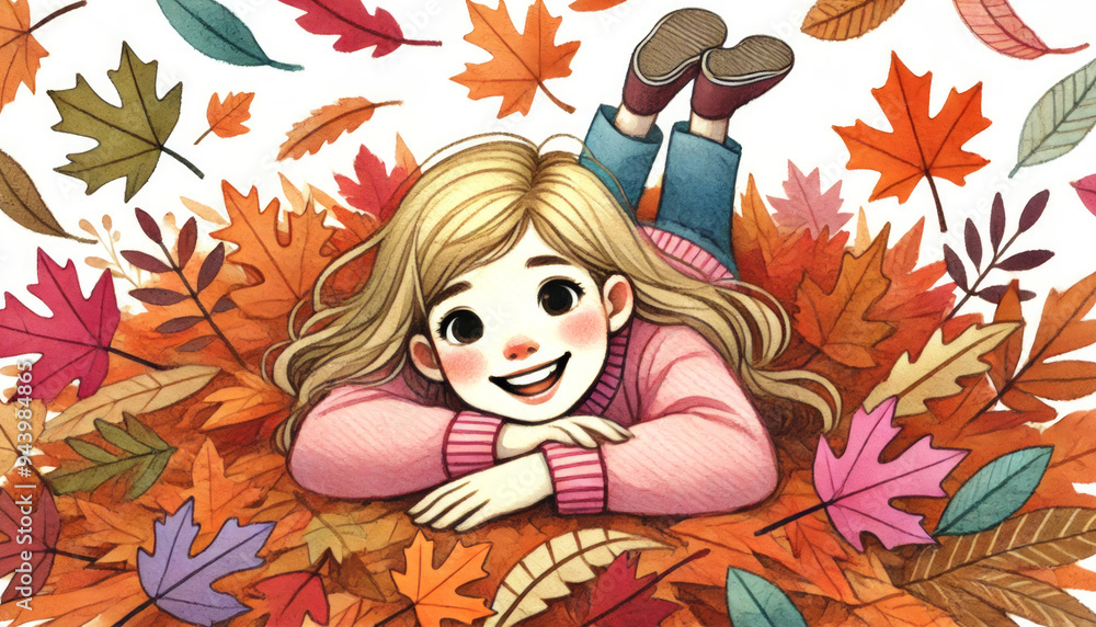 Illustration aquarelle d'une fille souriante allongée dans des feuilles d'automne. Ambiance joyeuse et colorée. Illustration aquarelle d'une fille souriante allongée dans des feuilles d'automne. Ambiance joyeuse et colorée.