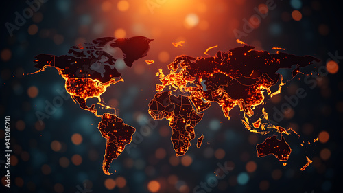 A world map overlaid with data points and heat maps representing global connectivity