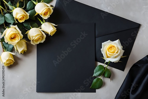 Blank condolence card, sympathy card, memorial card, greeting card with fresh Roses on the dark and neutral background floral concept. Empty place for a text.