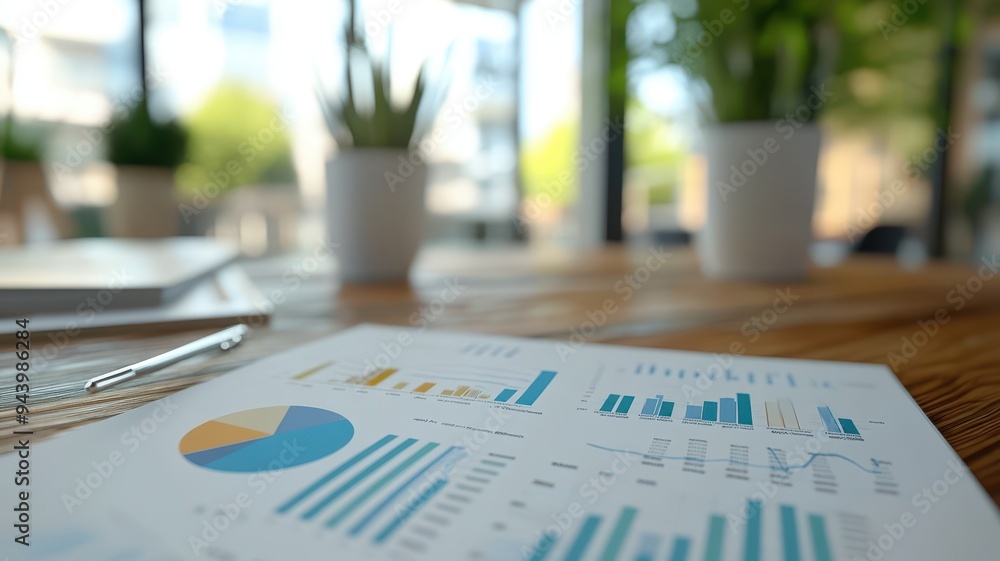 Close-up of business report with charts on wooden table in modern office, surrounded by plants and natural light. Close-up of business report with charts on wooden table in modern office, surrounded by plants and natural light.