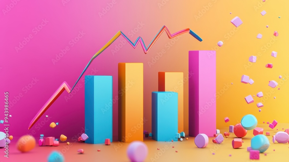 Colorful 3D bar graph illustration on a vibrant background, representing data growth and analysis in a creative style. Colorful 3D bar graph illustration on a vibrant background, representing data growth and analysis in a creative style.