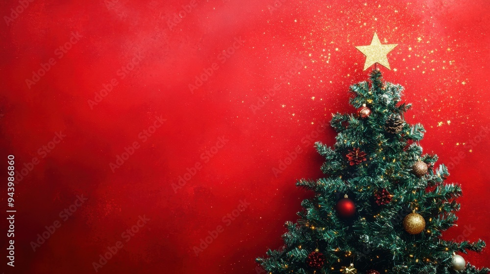 Christmas tree with glittering stars on a bold red background, creating a festive and warm holiday atmosphere. Christmas tree with glittering stars on a bold red background, creating a festive and warm holiday atmosphere.