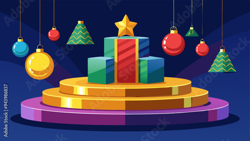 3D luxury gold and silver circle podium display with Christmas tree hanging element. Vector Illustration