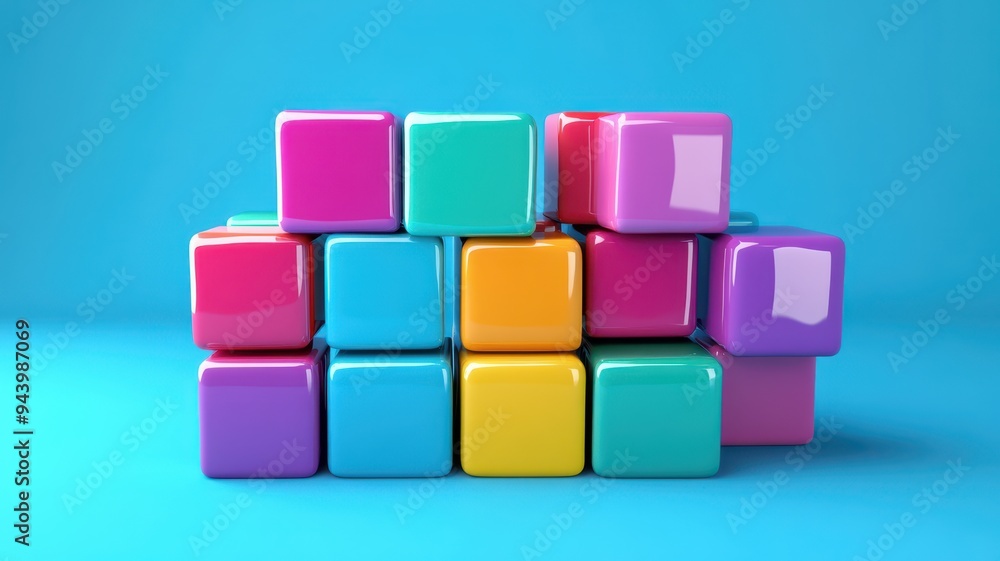 Colorful building blocks stacked creatively on a blue background, ideal for education, playtime, or creative design themes. Colorful building blocks stacked creatively on a blue background, ideal for education, playtime, or creative design themes.