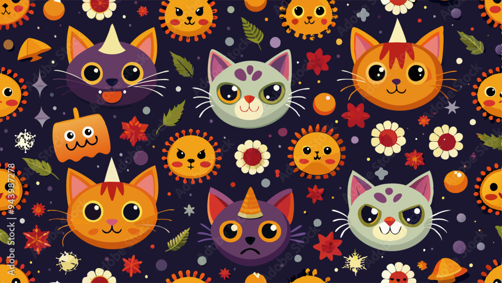 Cute cat heads seamless pattern vector Halloween background. Coronavirus concept. Vector illustration Cute cat heads seamless pattern vector Halloween background. Coronavirus concept. Vector illustration