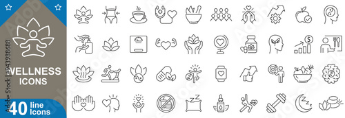 Wellness icons set. Meditation, healthy eating, exercise, sleep, hydration, mental health, yoga, aromatherapy, heart health, care and more. vector illustrator