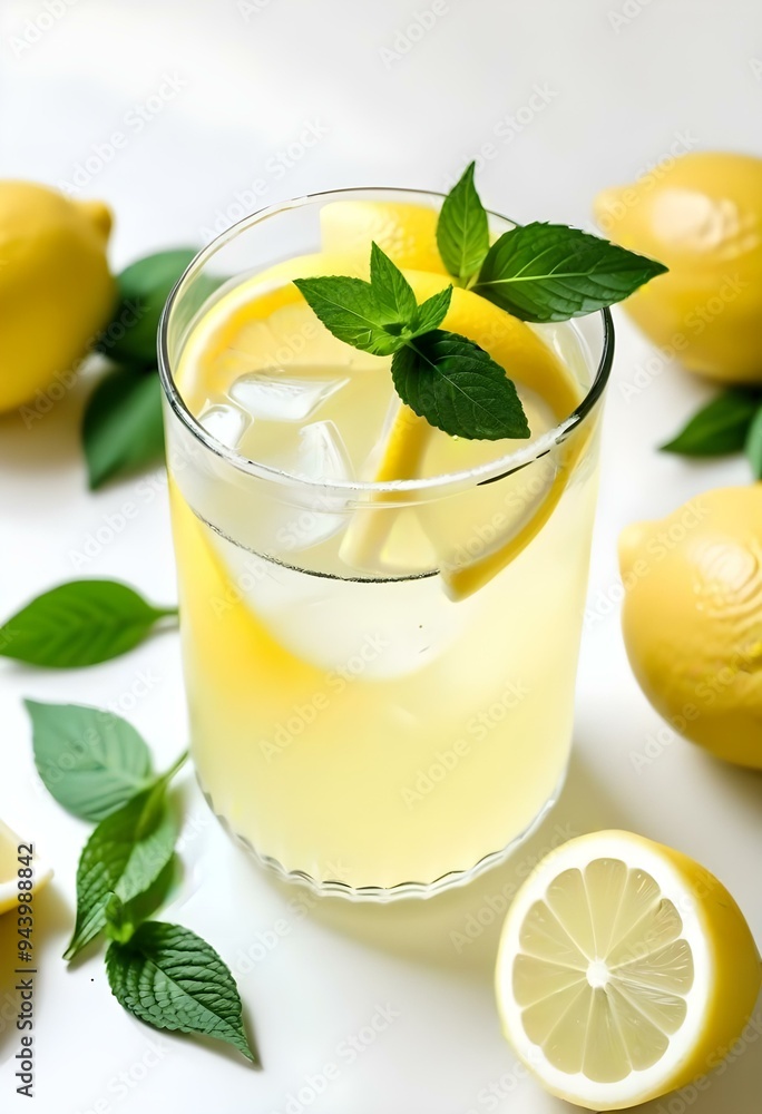 A glass of lemonade with lemon slices and mint leaves, surrounded by fresh lemons on a neutral monochrome background, vector, cut, free