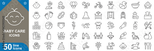Baby care icons set. Change, pacifier, stroller, clothes, bath, cradle, boy, rattle, chair, wipes, monitor and more. vector illustrator.