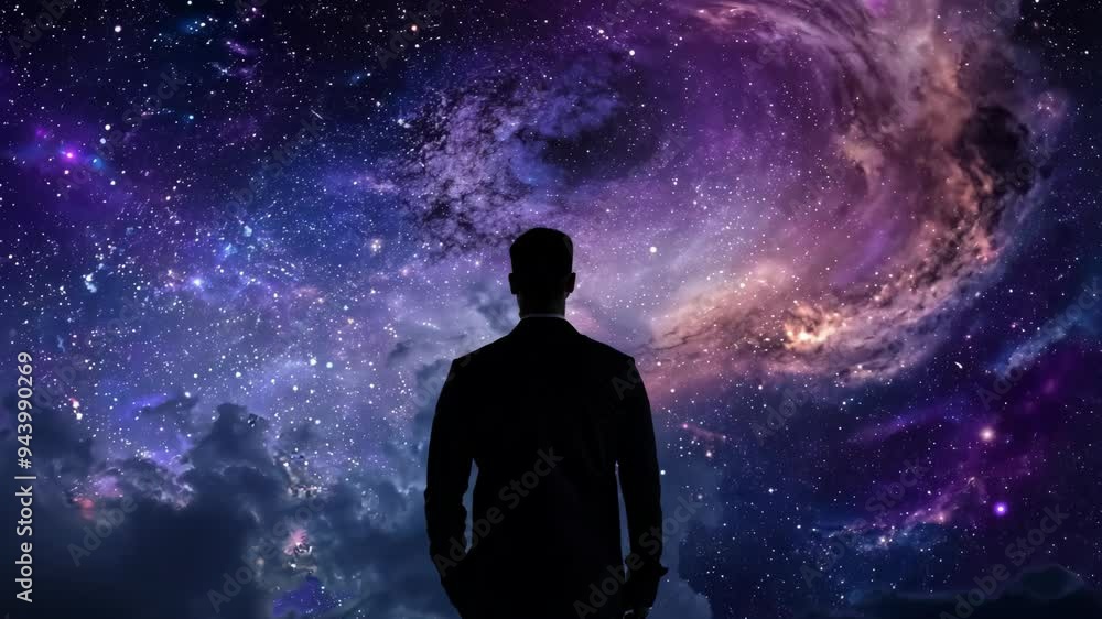A person gazes at a stunning cosmic landscape filled with galaxies and stars at night