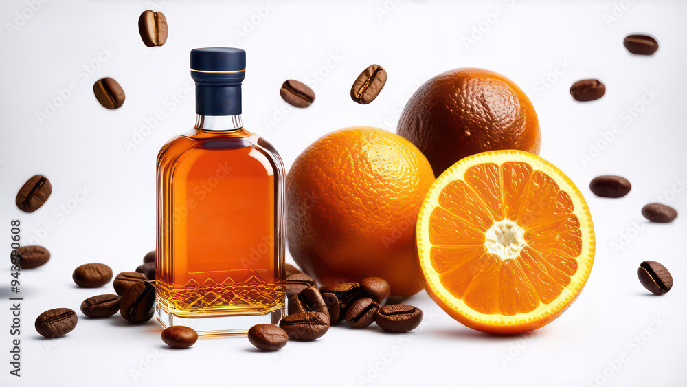 photography of Whisky bottle, flying around are coffee beans, cacao and orange fruit photography of Whisky bottle, flying around are coffee beans, cacao and orange fruit