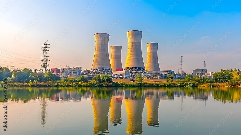 Cooling Tower Reflections on Calm Water.A serene lake mirrors the cooling towers. Their symmetry is flawless—a testament to engineering precision. The water’s surface adds a touch of tranquility Cooling Tower Reflections on Calm Water.A serene lake mirrors the cooling towers. Their symmetry is flawless—a testament to engineering precision. The water’s surface adds a touch of tranquility