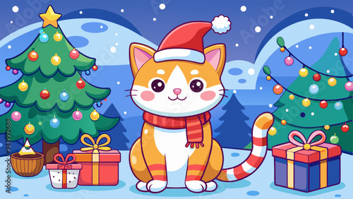 Cute cat and merry christmas with Doodle cartoon style