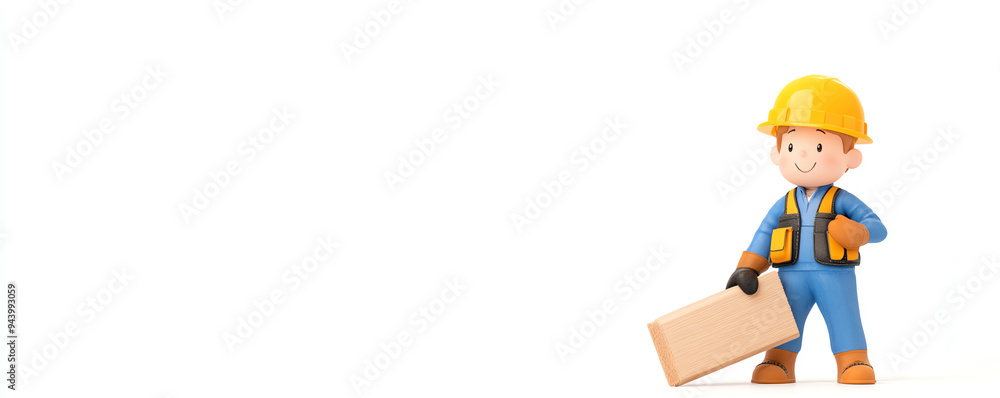 A cheerful cartoon worker in a yellow hard hat, holding a box, symbolizing construction, safety, and teamwork in a playful way. A cheerful cartoon worker in a yellow hard hat, holding a box, symbolizing construction, safety, and teamwork in a playful way.