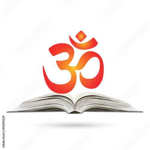 Om or Aum is a sacred Indian sound. Om symbol sign on an open book, white background. Symbol of the divine triad of Brahma, Vishnu and Shiva.