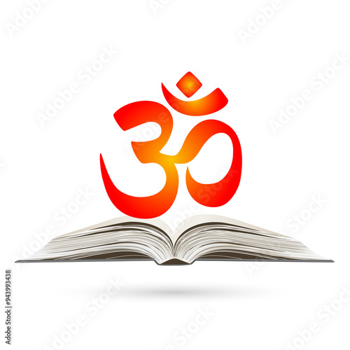 Om or Aum is a sacred Indian sound. Om symbol sign on an open book, white background. Symbol of the divine triad of Brahma, Vishnu and Shiva. photo