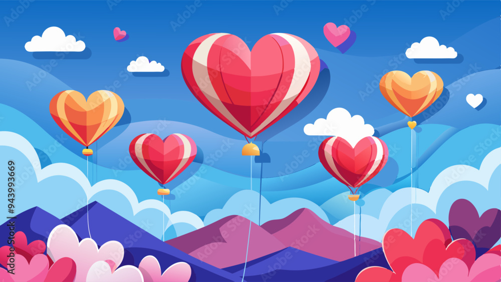 Paper art style Heart shape balloons flying in sky. Valentines day and Love background Paper art style Heart shape balloons flying in sky. Valentines day and Love background