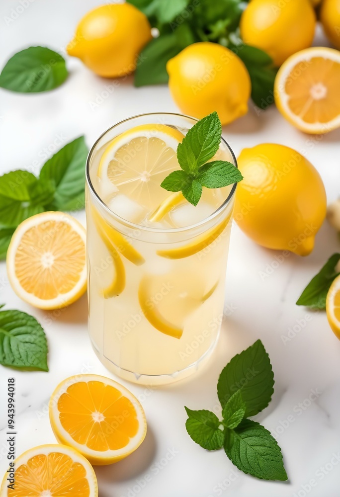 A glass of lemonade with lemon slices and mint leaves, surrounded by fresh lemons on a neutral monochrome background, vector, cut, free A glass of lemonade with lemon slices and mint leaves, surrounded by fresh lemons on a neutral monochrome background, vector, cut, free