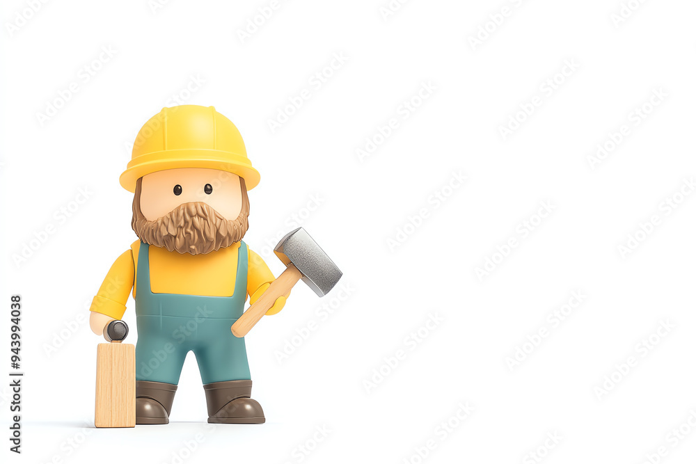 A cheerful construction worker with a beard, wearing a hard hat and holding a hammer, ready for a project. Great for construction themes. A cheerful construction worker with a beard, wearing a hard hat and holding a hammer, ready for a project. Great for construction themes.