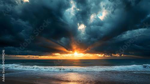 Dramatic sunset over ocean with dark clouds and rays of light shining through, creating serene yet powerful atmosphere.