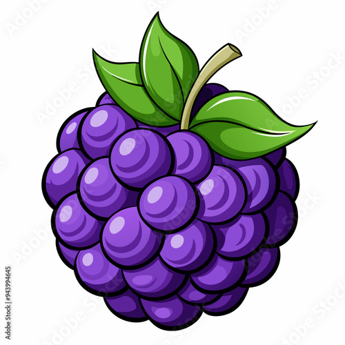A Single Cartoon Blackberry with Green Leaves and a Stem