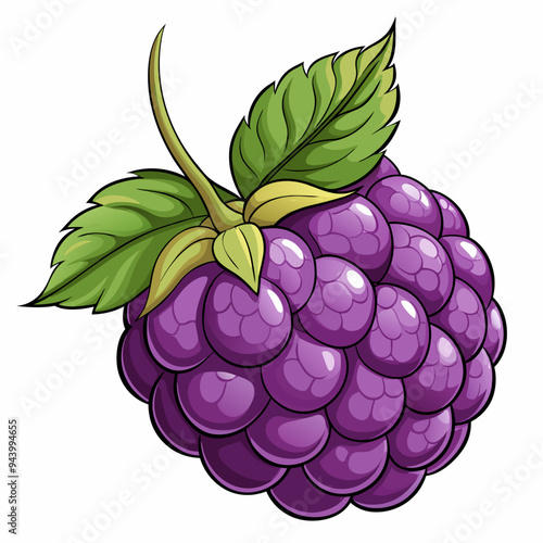 A Single Cartoon Illustration of a Purple Blackberry with Green Leaves
