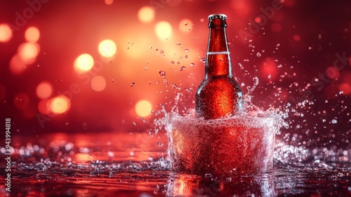 A bottle of beer, bursting out from an ice bucket filled with water, surrounded by red light in a dynamic scene. Background is dark red. Beer and Oktoberfest advertising. Copy space