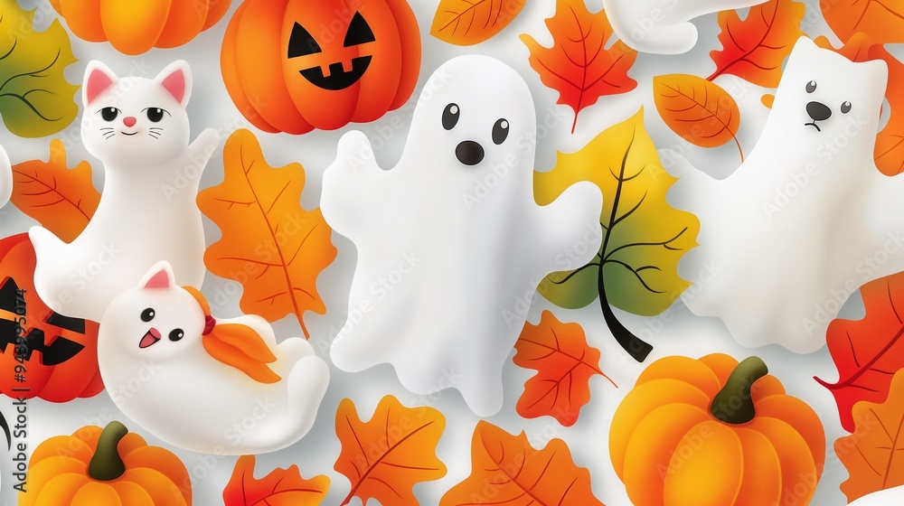 A Halloween themed image with a cat, ghost, and pumpkin. The cat is looking at the camera, while the ghost is holding a leaf. The pumpkin is placed in the background A Halloween themed image with a cat, ghost, and pumpkin. The cat is looking at the camera, while the ghost is holding a leaf. The pumpkin is placed in the background
