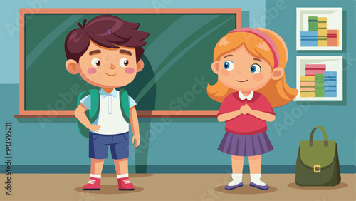 Girl and boy standing with back to school board. cartoon illustration