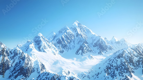 Majestic snow capped mountains rise against clear blue sky, evoking sense of tranquility and awe.