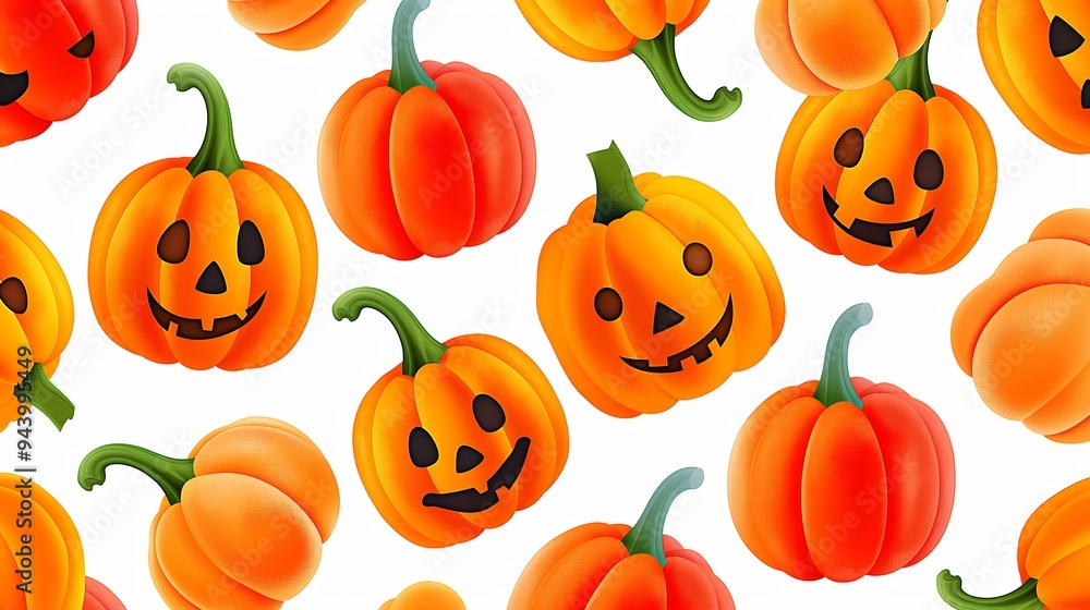 A pattern of orange pumpkins with faces on them. The faces are smiling and the pumpkins are arranged in a way that creates a sense of movement and energy. Scene is cheerful and festive A pattern of orange pumpkins with faces on them. The faces are smiling and the pumpkins are arranged in a way that creates a sense of movement and energy. Scene is cheerful and festive