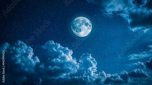 A bright full moon shines in starry night sky, surrounded by fluffy clouds, creating serene and tranquil atmosphere.