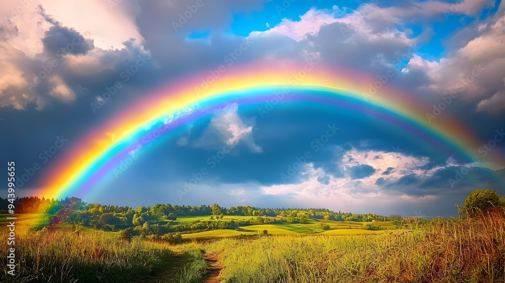 Naklejka premium A vibrant rainbow arcs over lush green landscape, creating serene and uplifting scene. contrast of colors against dramatic sky evokes sense of peace and wonder.
