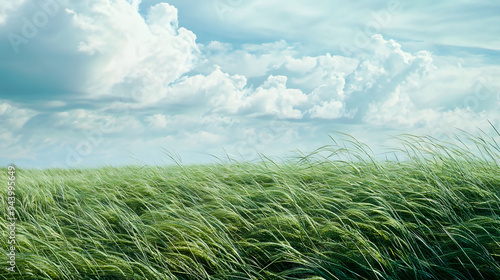 Lush green grass sways gently under bright sky filled with fluffy clouds, evoking sense of tranquility and peace.