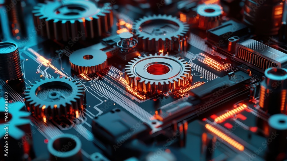 Close-up of mechanical gears integrated with a digital circuit board, symbolizing the fusion of mechanical engineering and digital technology.
Close-up of mechanical gears integrated with a digital circuit board, symbolizing the fusion of mechanical engineering and digital technology.