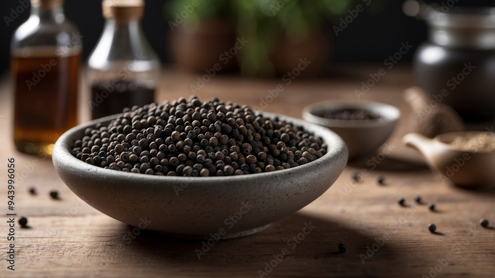 Black pepper in a stone bowl on a rustic table. Black pepper in a stone bowl on a rustic table.