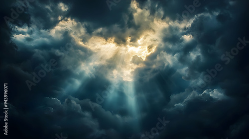 Dramatic clouds with rays of light breaking through, creating sense of awe and wonder. interplay of light and shadow evokes feeling of tranquility amidst storm.