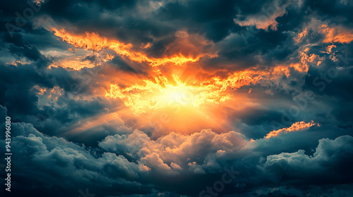 A stunning sunset illuminates sky, with vibrant rays breaking through dark clouds, creating dramatic and uplifting atmosphere.