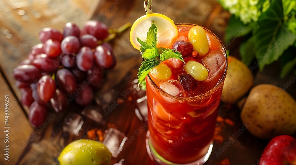 A tasty scarlet mary and grape drink with a mustard theme