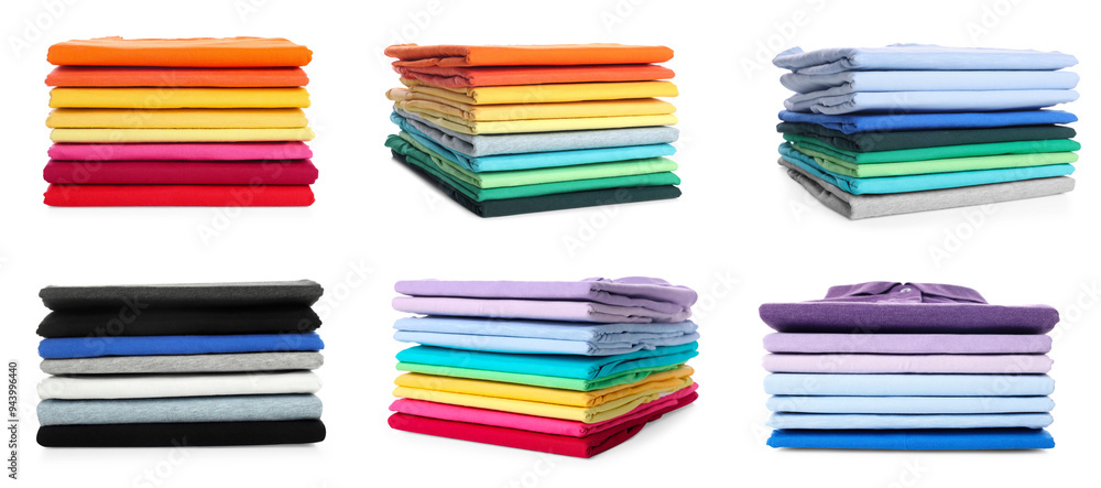 Stacks of different t-shirts isolated on white, collage Stacks of different t-shirts isolated on white, collage