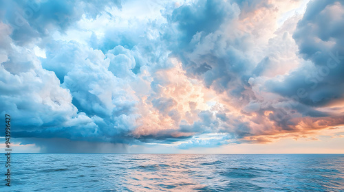 Majestic clouds reflect soft hues over tranquil ocean, creating serene and peaceful atmosphere.