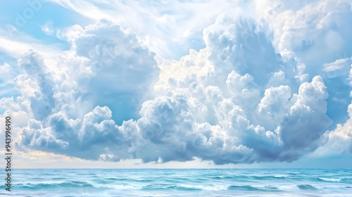 A serene seascape featuring fluffy clouds above calm ocean, evoking sense of tranquility and peace.